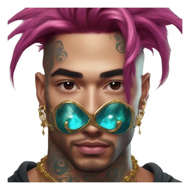 Vintage grunge patina intricate swirls gold jewellery baroque golden sparkle tropical Deep pink maroon burgundy cyan dark hoodie man dyed hair gold piercings nose piercing ear piercings sticker