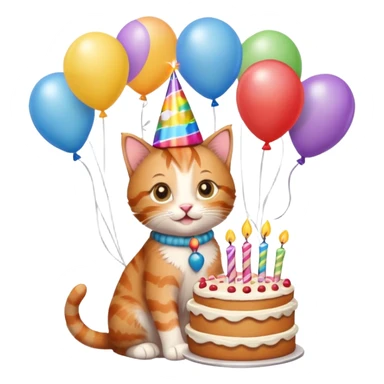 Ginger tabby kitten celebrates birthday, birthday hat, birthday cake, balloons, happy, gifts sticker