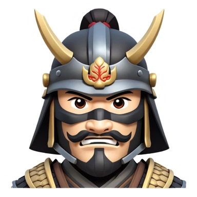 clash-of-clans-aesthetic_-cinematic-fearsome-and-majestic-samurai-bust-portrait-emoji, rendered in a flat, vector-style with minimal shading and bold, simplified shapes typical of emoji art, depicting a battle-hardened samurai with black mask and traditional black Japanese armor. The samurai is riding a noble grey warhorse adorned with an intricately designed saddle and fluttering banners and a rising sun. a samurai on a   horse sticker