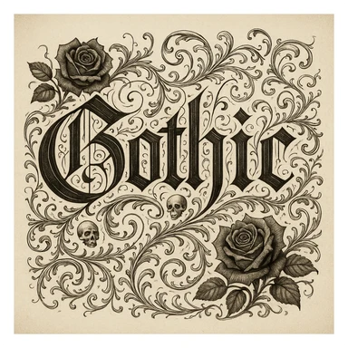 the word 'Gothic' in highly elaborate gothic calligraphy, with ornate flourishes, dark roses, tiny skulls, and baroque filigree sticker