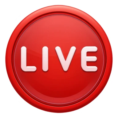 "LIVE" text badge, bold white letters on neon red rounded rectangle background, soft red glow, modern broadcast indicator style, Twitch/YouTube live aesthetic, black background sticker
