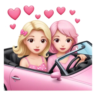 A mom, one daughter,  driving in pink convertible with hearts  sticker