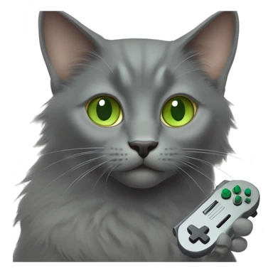 dark gray nebelung cat with light green eyes holding a video game controller sticker
