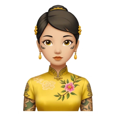 ancient woman with tatooed on neck and face and yellow cheongsam sticker