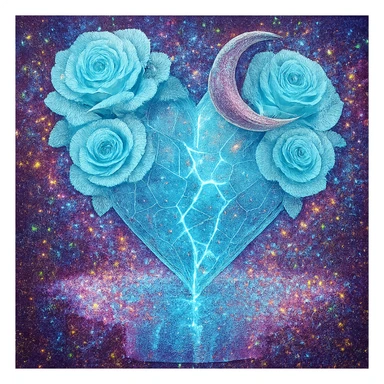 Add much more holographic stardust to the gothic heart formed from splintered light blue glass, silver crescent moon, light blue roses, neon lightning, and a wet, reflective surface. Keep the background transparent. sticker