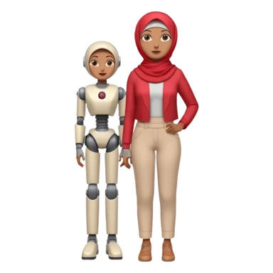 Heavy-set woman with medium-brown skin wearing a light red hijab, cream top, light red pants, tan shoes, and a grey robot leg. Standing confidently with one hand on her hip sticker