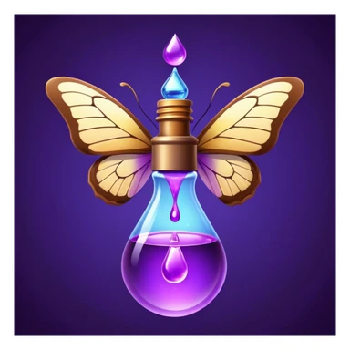 Small brown bottle floating with dim light, with a purple drop suspended in the air, slowly spinning in front of a luminous butterfly representing the thyroid sticker