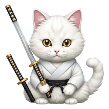 White cat with a Japanese katana sticker