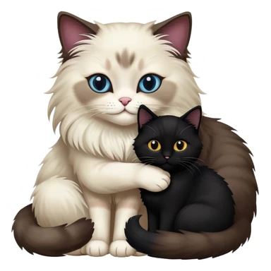 A adult ragdoll cat hugging an adult black cat  sticker
