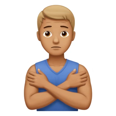 A man looking stressed holding the front of his neck with his arms crossed sticker