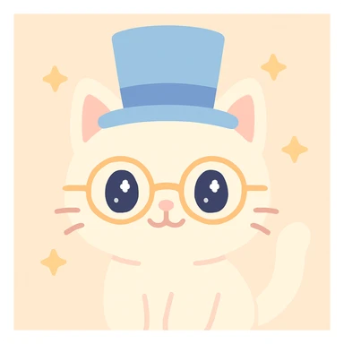 cat wearing a gibus hat and half moon glasses, charming illustrative style, cute and appealing sticker