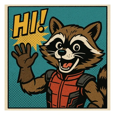 Rocket Raccoon waving with a cheerful expression, comic book style, with the text: HI sticker
