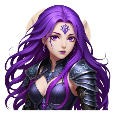 A mysterious warrior girl with long, flowing purple hair cascading down her back, strands catching the dim light like silk. Her piercing violet eyes glow. She wears sleek black armor, a perfect fusion of elegance and lethality, adorned with intricate silver engravings resembling ancient runes.  sticker
