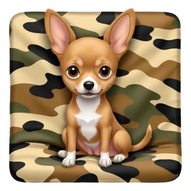 Miniature Pinscher Chihuahua mix dog sitting on a camouflage blanket, cute and expressive sticker
