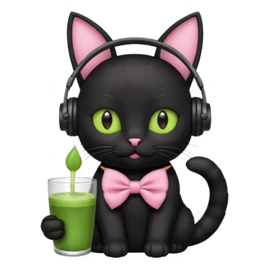 A black cat wearing cute headphones with a glass of matcha, a pink bow on his ear sticker