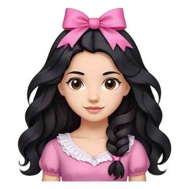 Beautiful girl with long black hair in a half-up half-down hairstyle with pink ribbon tying the top half, waves at the ends, brown eyes, light skin, slight smile, and pink dress sticker