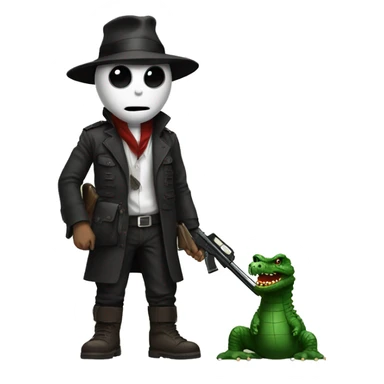darkman with a rifle and pengiun feet with a crocodile t sticker