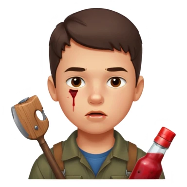 13 y/o Brian robeson at the beginning of Hatchet
determined, has hatchet, self-reliant, observant survivalist, berry juice on his lips, bug bites on cheeks, white boy, no bleeding or big cuts sticker