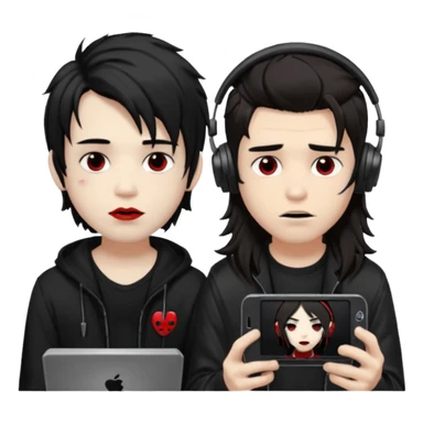 pale Goth boy with a bunch of face piercings, with shaggy dark brown hair, smudged red lipstick next to a tan skin gamer boy with long black hair , they are watching tv together  sticker
