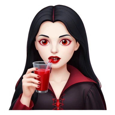 vampire using a juice box, long hair, red juice sticker