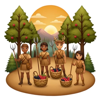 A simple, flat-style illustration of a small group of people with spears and baskets, gathering berries and hunting a deer, surrounded by trees and a sunset—emoji aesthetic, warm earth tones. sticker