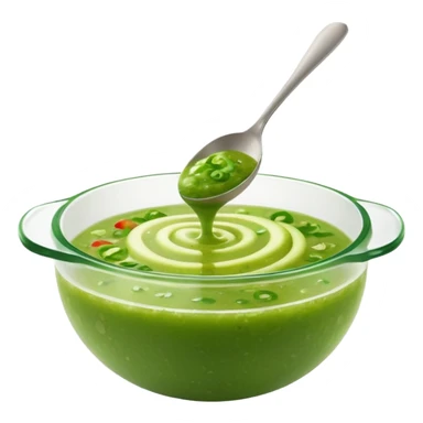 small swirl or spoonful of bright green salsa with slightly chunky blended texture, visible flecks of herbs like parsley or cilantro, glossy surface with soft peaks and smooth curves suggesting freshness and tanginess, apple emoji style, soft lighting, subtle shadows, emoji scale sticker