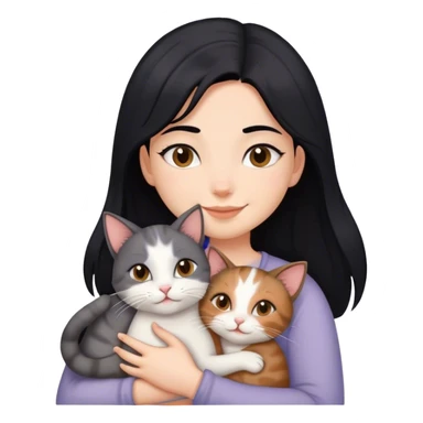 happy girl with black hair hugging three cats  (carey cat, gray cat, brown calico cat) sticker