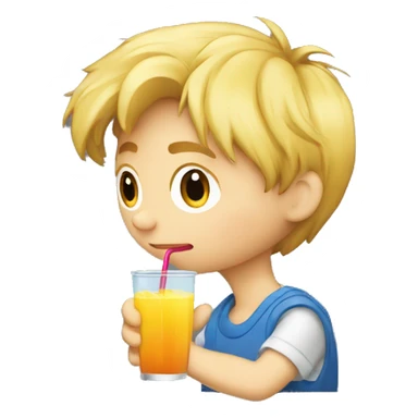 A blonde boy sucking or drinking juice with a straw while his hand is holding the drink, profile view sticker
