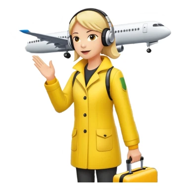 ramp agent at airport wearing bright yellow coat and headphones, directing aircraft sticker
