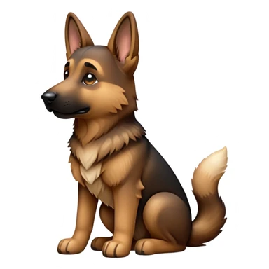 cinematic-[german shepherd]-realistic-full-body-sitting-emoji,-tail-resting-loosely-beside-its-paws,-head-tilted-dramatically,-sleek-[brown and black]-fur,-simplified-yet-realistic-focused-features,-highly-detailed,-glowing-with-an-almost-sarcastic-glow sticker