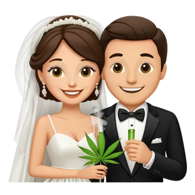Bride in white dress and groom in tuxedo sharing a cannabis joint, cheerful cartoon wedding couple sticker