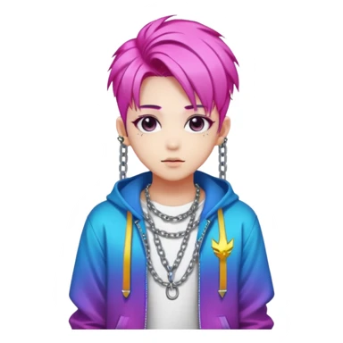 portrait-of-young-ghost-idol-in-kpop-style,-wearing-flashy-streetwear-outfit,-colorful-dyed-hair,-confident-pose,-accessorized-with-chains- sticker