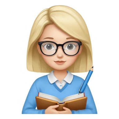cute girl, glass, smart, Sky-blue colored clothing,
holding a book in one arm and a pen in the other hand.Holding a pen in the right hand as if teaching.Wearing black glasses, with a smart and bright-looking face. sticker