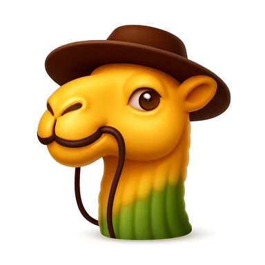Make a camel emoji exactly like the reference image, in iOS emoji style. Same face, neck, and expression, smooth and shiny. Add a soft shadow. sticker