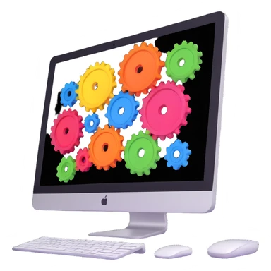 iMac computer with colorful gears on the screen sticker