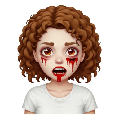 Zombie girl with curly brown hair como emoji de iphone y con la boca un poco lastimada haz que tenga una simple remera blanca puesta pero que sea zombie  sticker