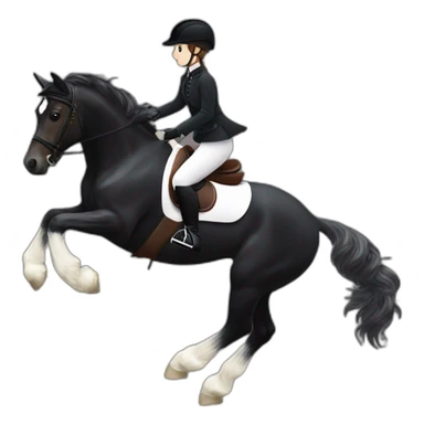 a  JRT BLACK HORSE JUMPING AN OBTACLE, THE HORSE HAS A WHITE BLAZE AND THREE WHITE SOCKS. tHE HORSES RIDER IS A YOUNG FEMALE WITH LONG CURLY BRUNNET HAIR sticker