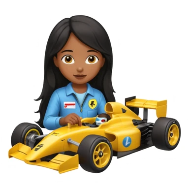  long black haired black girl kid playing yellow colored formula 1 car toy sticker