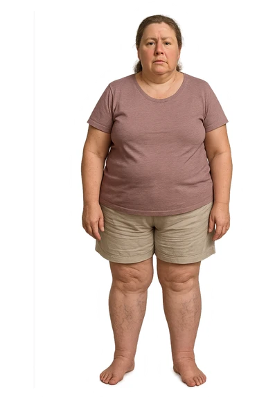 donna realistica leggermente in sovrappeso con vene visibili sulle gambe e gambe gonfie, iperrealistica 4k, IPERREALISTICA 4K sticker