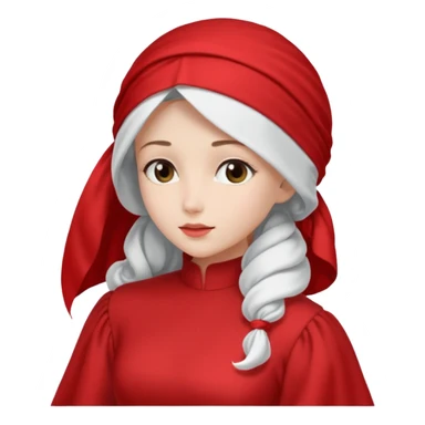 mujer de perfil con un vestido rojo de manga y falsas largas y voluptosas, y una toca blanca que cubre su cara sticker