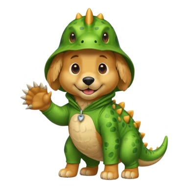 a golden retriever with a dinosaur costume sticker