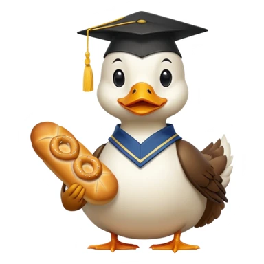 duck wearing bread shaped like a graduation cap and holding a pretzel sticker