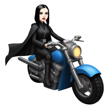 Wednesday Addams Jedi bounty hunter sitting in a modern blue,red and pewter steampunk electric luxury motorcycle  sticker