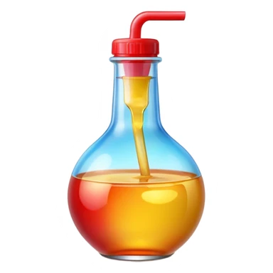 A 3D Apple-style beverage bottle emoji, transparent glass filled with colorful liquid (like soda or juice), shiny surface with light reflections, simple round body with a narrow neck and cap, clean minimal background. sticker