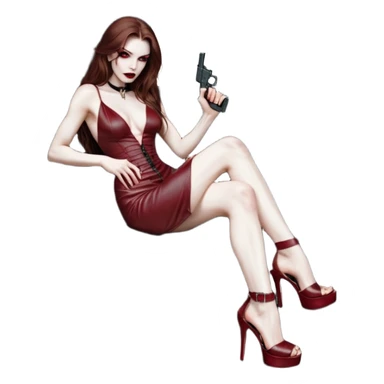 Lilith symbol red eye seductress evil long brown haired sexy succubus woman with leather long dress with slit on, sitting in Big Large F350 pickup truck. Platform long high heels on feet. Back seat full of stacks of cash, she is  Holding a man dead human skull of her enemies and a gun in other hand sticker