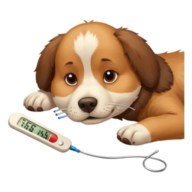 A sick dog lying down with a thermometer beside it, indicating a fever.
Cute but gentle style, warm colors, conveying concern and care. sticker