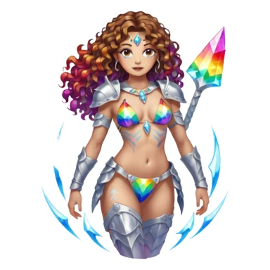 full body woman long curly brown hair brown eyes white skin tattoos crystal bikini armor, refracted rainbow light sticker