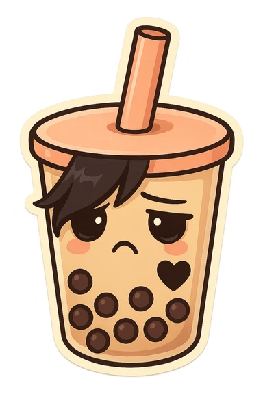 chibi sticker-style bubble tea with an emo face, black heart accent, cute and exaggerated sticker