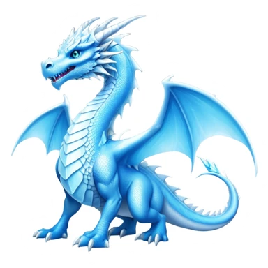 Cinematic Noble very elegant Ice Dragon full body  Emoji, Poised and imposing, distinct long elegant snout, with a slender, scaled body shimmering in glacial hues of icy blue, frostbitten silver, and crystalline white, breathing out frost, with piercing, glowing ice blue white eyes that radiate the chilling depths of an arctic storm; rendered in detail. excuding wisdom sticker