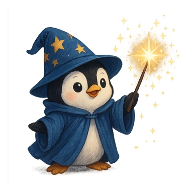 penguin wizard casting a spell, sparkles around, holding a wand sticker